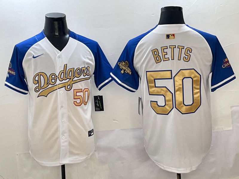 Men Los Angeles Dodgers #50 Betts White Blue Game Nike 2025 MLB Jersey style 6
